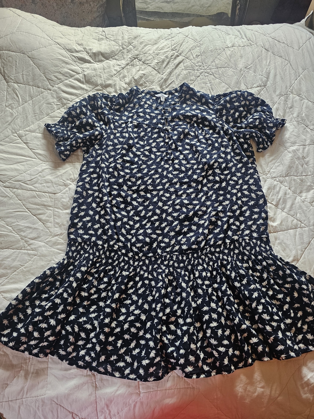 Time and Tru Navy Blue Floral Puff Sleeve Drop-Waist Dress